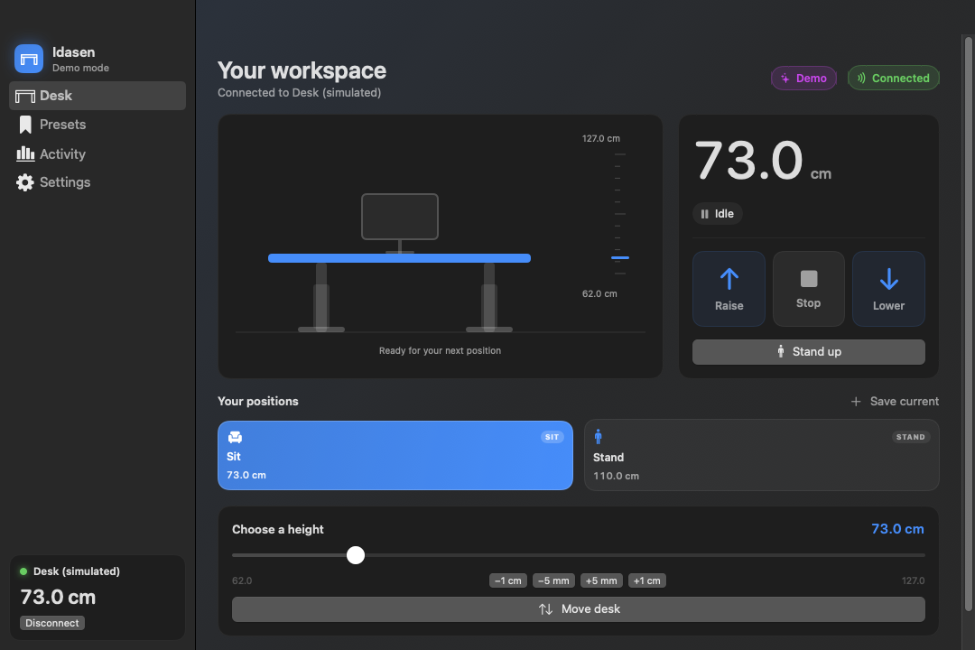 Idasen in demo mode at 73 centimetres, with Raise, Stop and Lower controls, Sit and Stand presets, and an exact-height slider